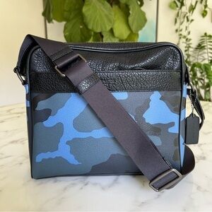 COACH CHARLES CAMERA BAG WITH CAMO PRINT F29052 Dusk Blue Black Multi Crossbody